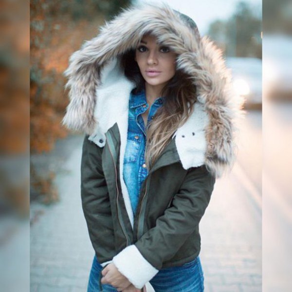 gray hooded fur jacket with blue buttoned chambray shirt