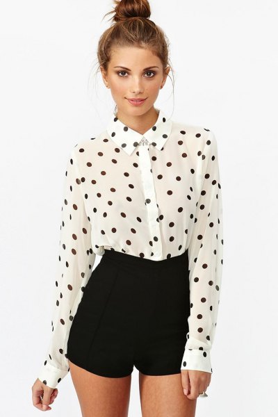 white and black polka dot shirt with high rise mini shorts
