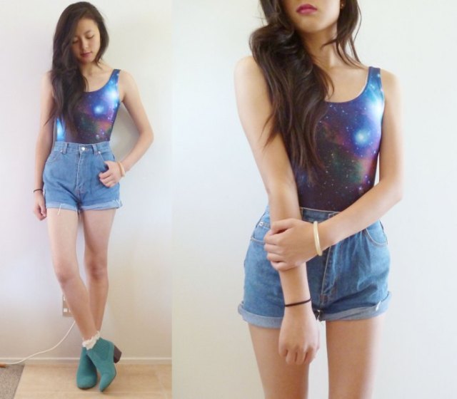 Galaxy print fitted tank top and vintage blue jean shorts
