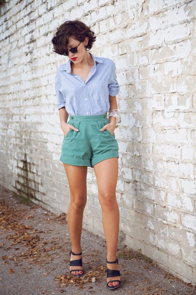 blue button down shirt and gray vintage shorts