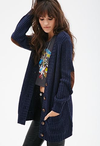 Dark blue ribbed longline cardigan with gray cropped t-shirt