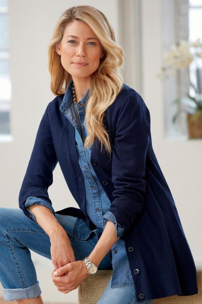 Chambray button-up shirt with longline cardigan