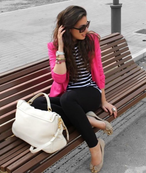 black and white striped long sleeve t-shirt and light pink flats