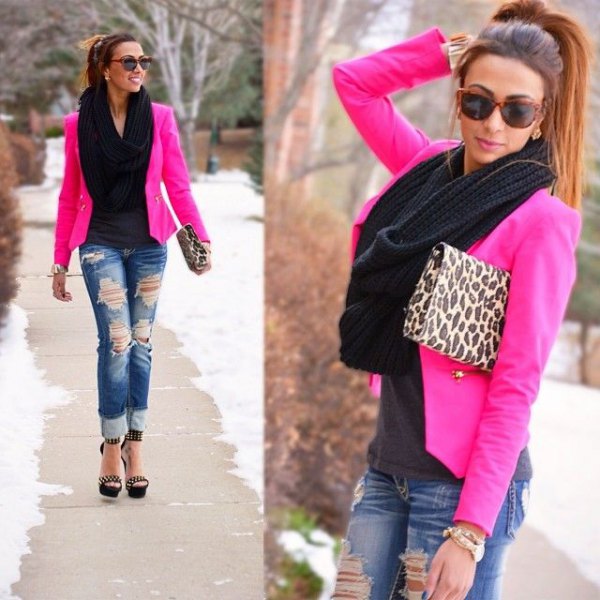 pink leopard print clutch blazer and ripped jeans