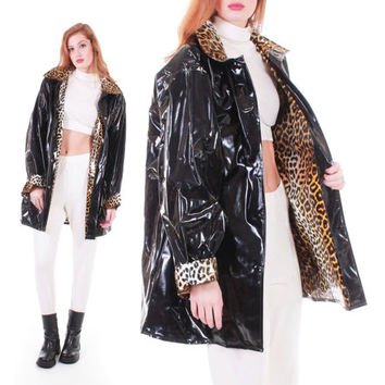 Black leopard print oversized reflective jacket with white crop top