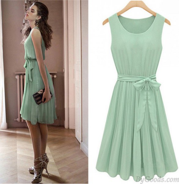 Mint green tie, knee length pleated skater dress with strappy heels