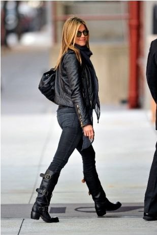 black leather jacket with skinny jeans and knee high moto boots