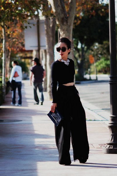 black cropped sweater with matching wide leg pants