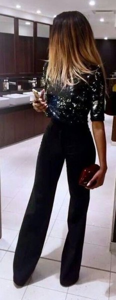 black pants with sequin blouse with half sleeves