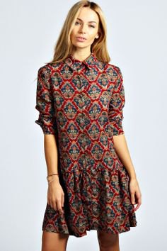 Dress with green and dark blue tribal collar and dropped waist