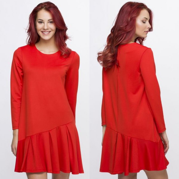 red asymmetric long sleeve dress with dropped waist