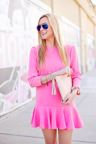 Pink Long Sleeve Drop Waist Mini Dress
