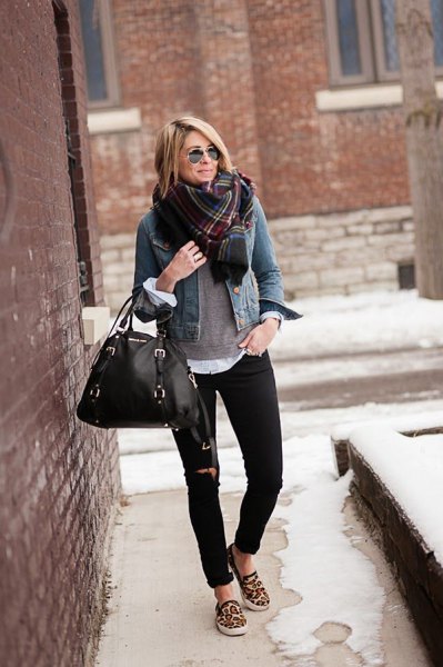 Blue denim jacket with plaid scarf and leopard print canvas slip-on shoes