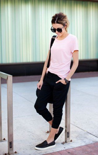 white t-shirt with black jogger pants and slip-on canvas hiking shoes