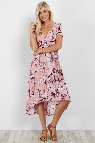 Rouge pink floral midi flared wrap dress