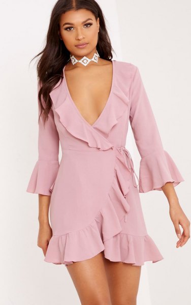 blush pink ruffle mini wrap dress with silver choker necklace