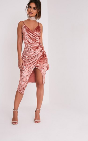 Rose Gold Velvet Midi Wrap Dress with Pink Choker