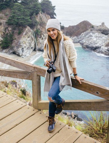 gray knit hat with white crochet sweater and ripped jeans