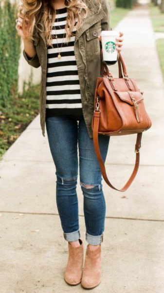 gray denim jacket with striped t-shirt and suede camel ankle boots