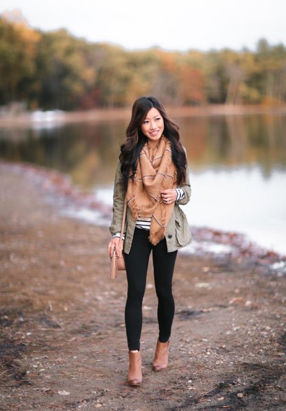 gray blazer with crepe fringe scarf and camel leather open toe boots