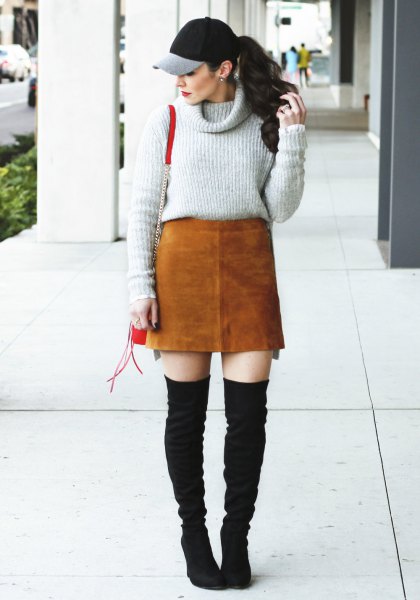 gray cowl neck sweater, brown suede skirt and black over the knee boots