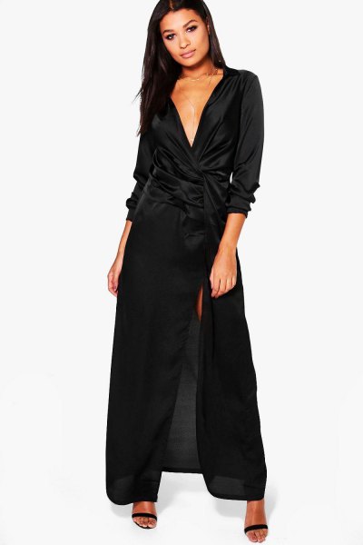 black satin wrap maxi dress with deep V neckline