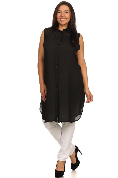 sleeveless chiffon tunic top with black button and ballet flats