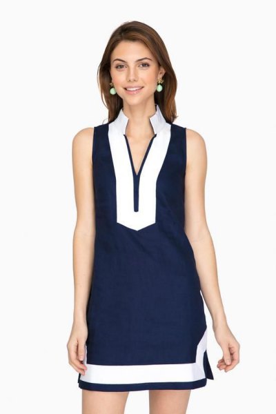 dark blue and white tunic dress with stand-up collar