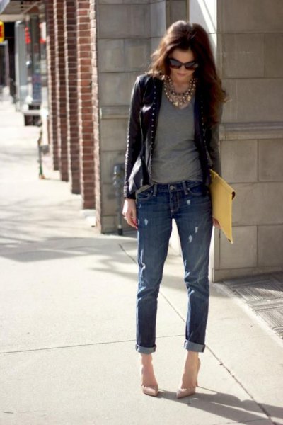 cropped leather jacket with gray scoop neck t-shirt and cuffed jeans