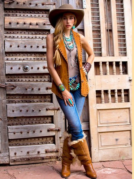 Camel vest jeans and knee high boots