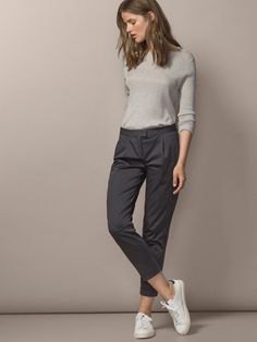 gray fitted chinos knit sweater outfit