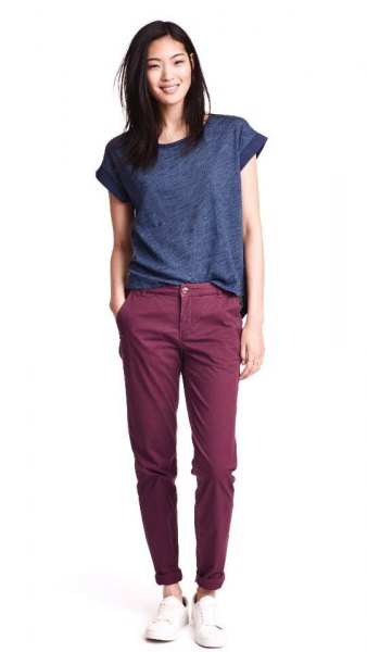purple shirt gray chinos outfit