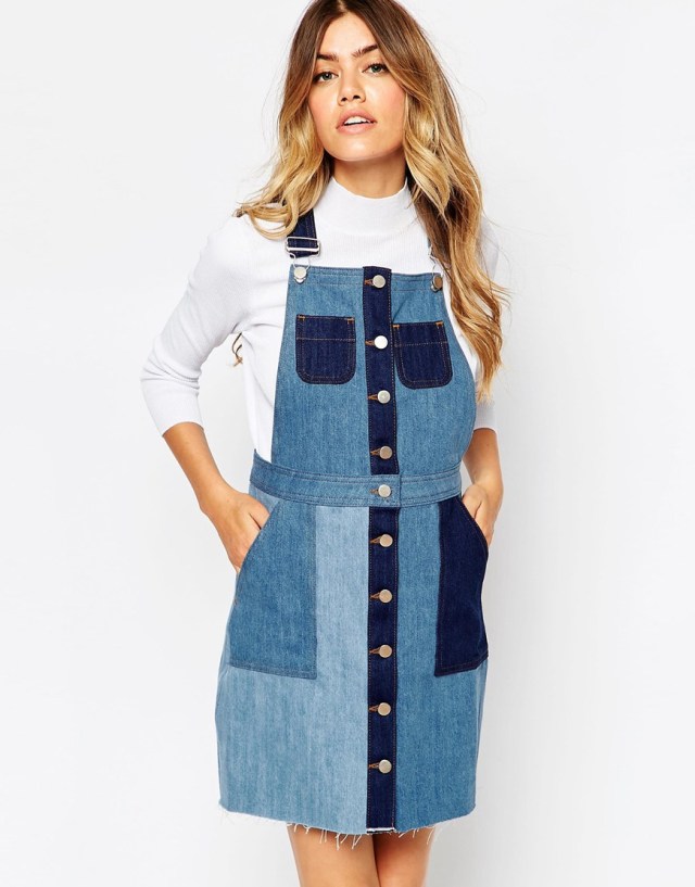 Patched denim overall skirt design