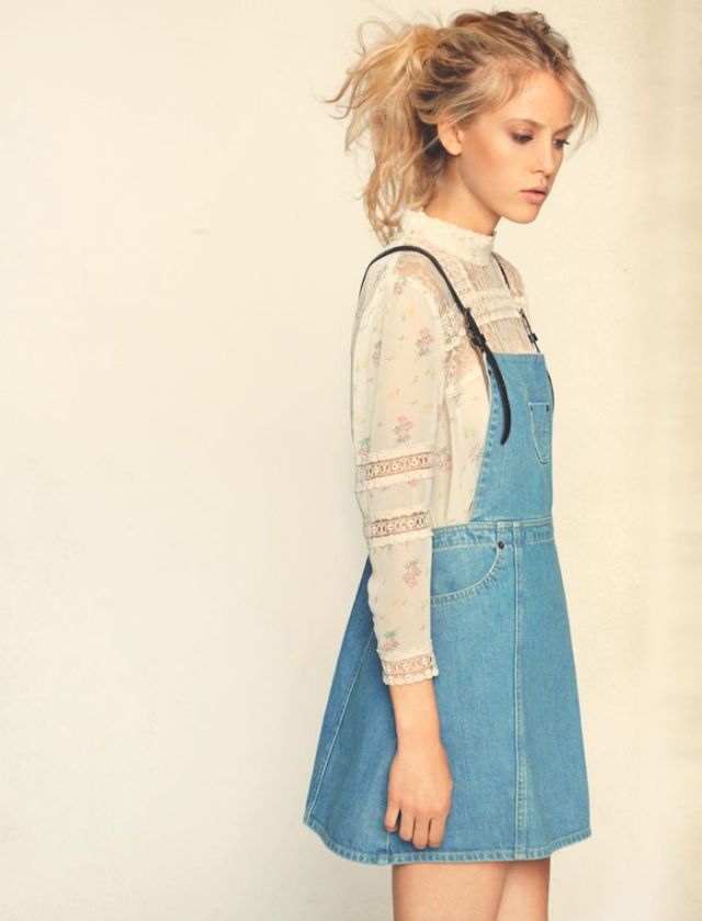 Lace skirt blouse denim overall skirt outfit