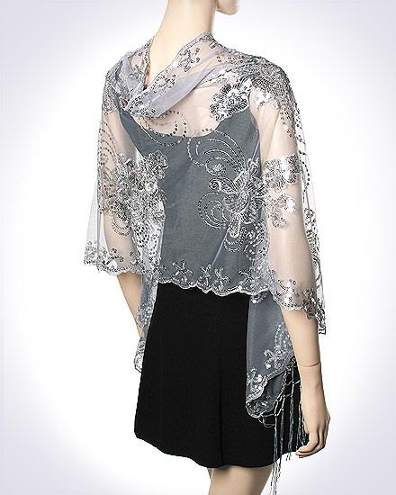 gray semi-transparent embroidered chiffon scarf with a black sheath mini dress