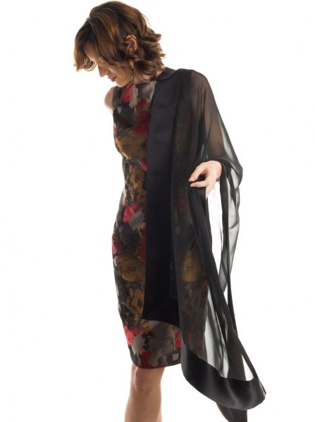black chiffon cape with dark floral bodycon midi dress