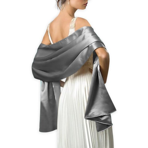 white pleated midi dress with a silver silk evening shawl