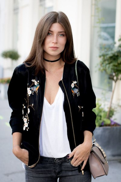 Bomber jacket with a low-cut white waistcoat and black collar
