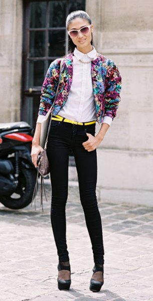 floral bomber jacket with skinny jeans with white collar shirt