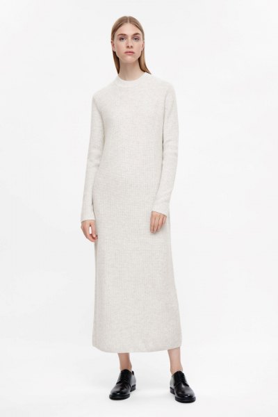 white maxi cashmere dress with mock neck, black slippers