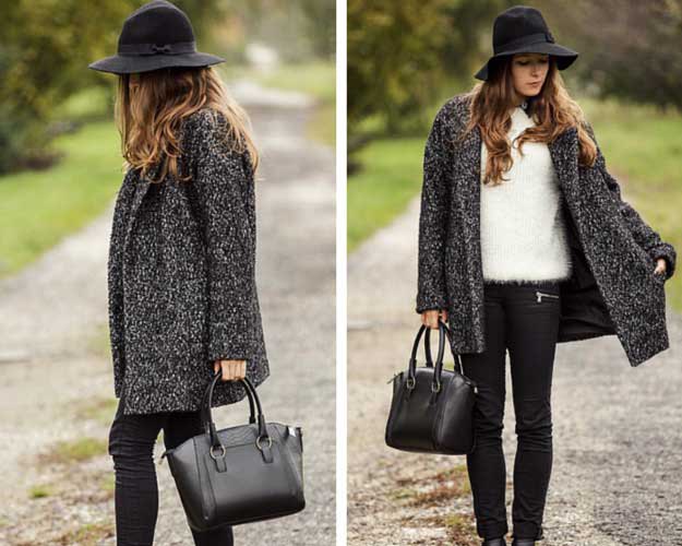 mottled gray sweater with black floopy hat and skinny jeans