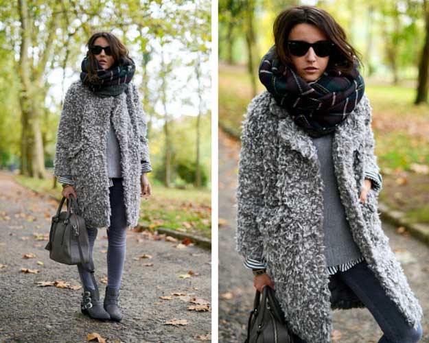 mottled gray fuzzy sweater jacket with skinny jeans