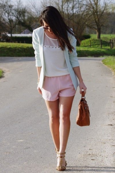 Blush pink shorts with matching blazer and chiffon blouse