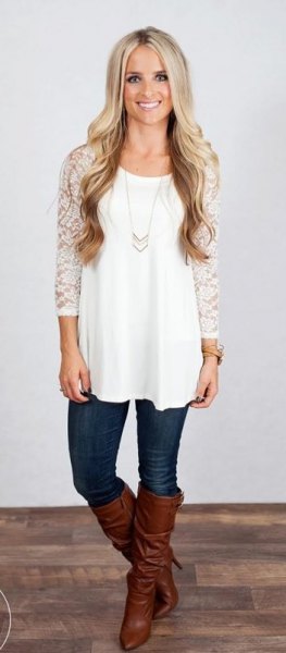 white tunic top with lace sleeves