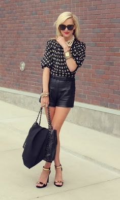 black and blush pink half sleeve blouse and leather shorts