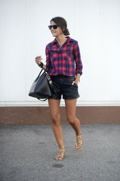dark blue and red plaid boyfriend shirt with black leather shorts