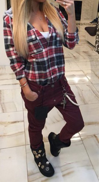 red checked boyfriend shirt with black fleece trousers