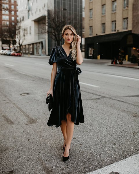 black wrap dress with midi ruffles
