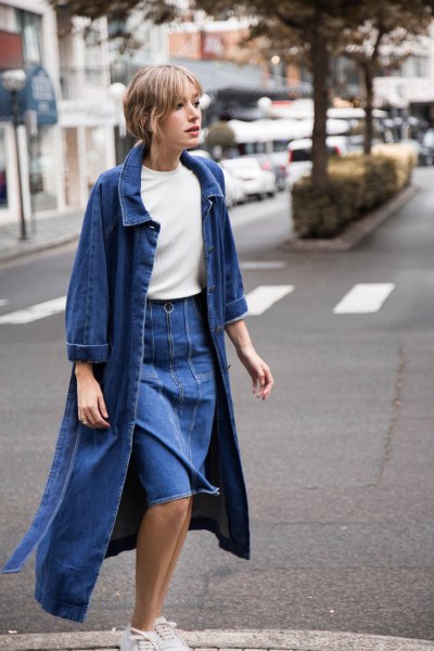 blue maxi blazer with knee-length denim skirt