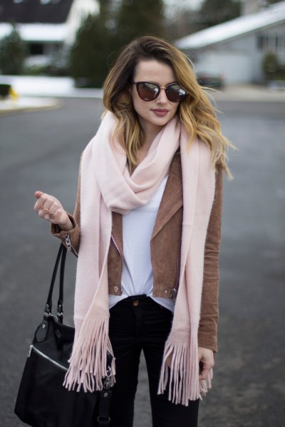 white scarf with wool fringes and camel suede blazer jacket